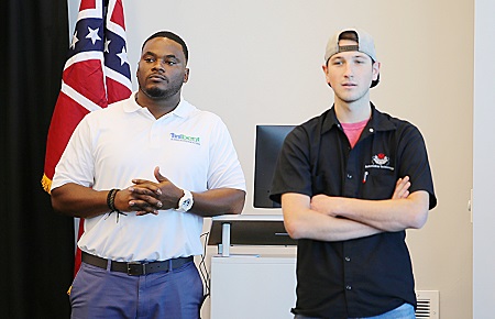 EMCC MIBEST Student Navigator Jeremy Tate, at left, was the host for a MIBEST information session Oct. 22 at East Mississippi Community College’s Communiversity. Jake Halverson, at right, is enrolled in the MIBEST program, which offers students a myriad of services intended to help them succeed in the workforce. EMCC MIBEST Student Navigator Jeremy Tate, at left, was the host for a MIBEST information session Oct. 22 at East Mississippi Community College’s Communiversity. Jake Halverson, at right, is enrolled in the MIBEST program, which offers students a myriad of services intended to help them succeed in the workforce.